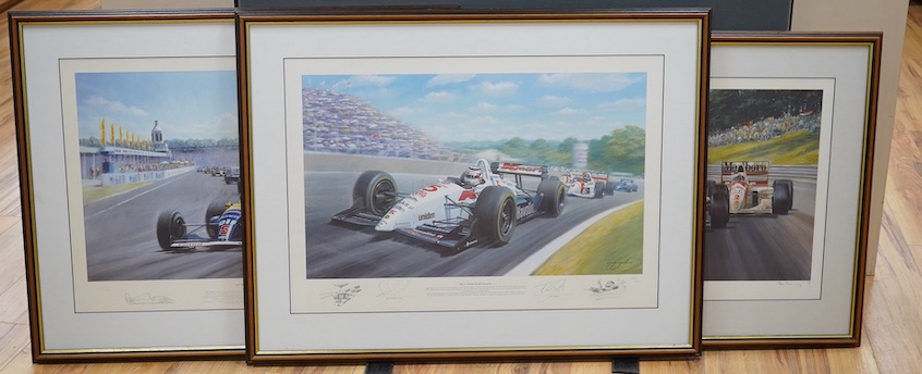 Three motor racing colour prints including, 'Off to Victory' by Tony Smith, limited edition 69/600 and ‘Nigel Mansell OBE - World Champion’ by Alan Fearnley, limited edition 681/850, all signed in pencil, largest 47 x 63